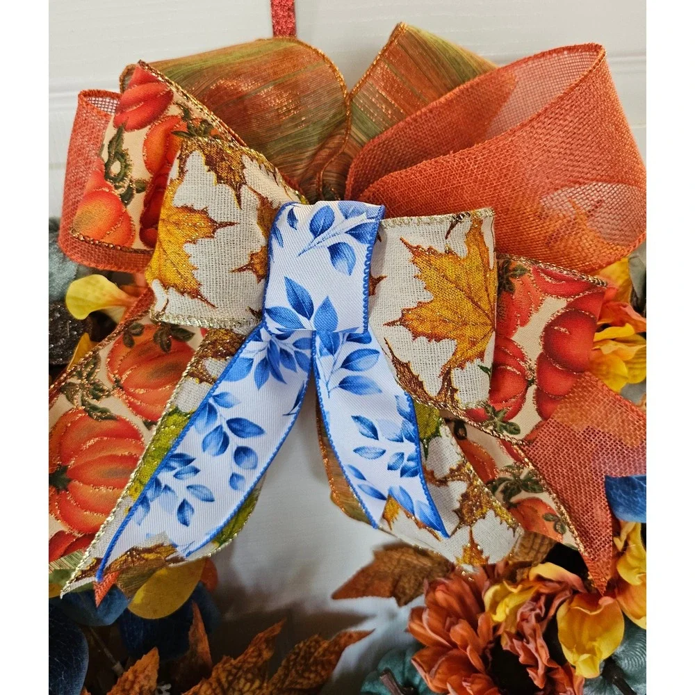 Handmade Fall Wreath Autumn Front Door Decor Teal Orange Pumpkins Sunflowers 24